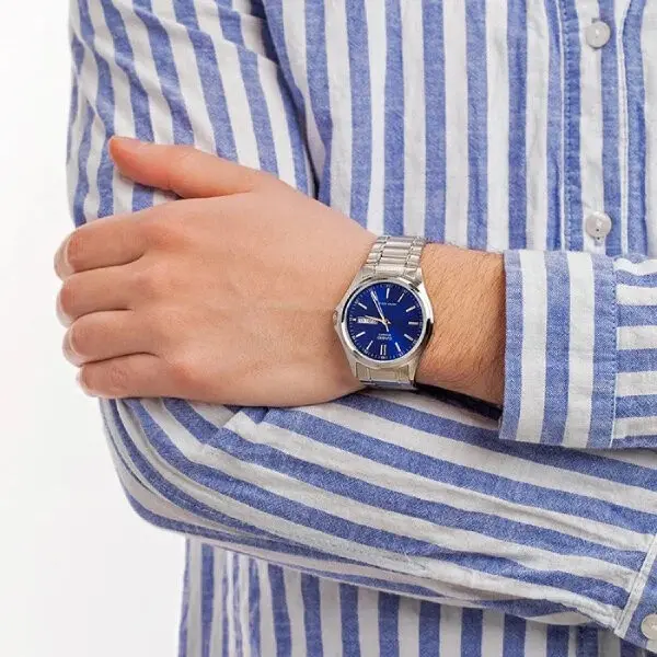 Casio MTP-1239D-1ADF Enticer Ion Plated Stainless Steel Strap Water Resistant Analog Men's Wristwatch – Dial Color: Blue, Strap Color: Silver – View 6