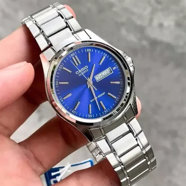 Casio MTP-1239D-1ADF Enticer Ion Plated Stainless Steel Strap Water Resistant Analog Men's Wristwatch – Dial Color: Blue, Strap Color: Silver – View 5