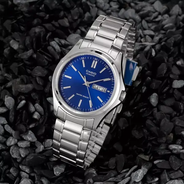 Casio MTP-1239D-1ADF Enticer Ion Plated Stainless Steel Strap Water Resistant Analog Men's Wristwatch – Dial Color: Blue, Strap Color: Silver – View 4