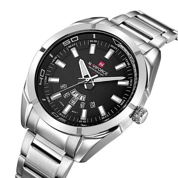 Naviforce NF9038 Luxury Quartz Stailness Steel Men's Watch – Dial Color: Black, Strap Color: Silver – View 2