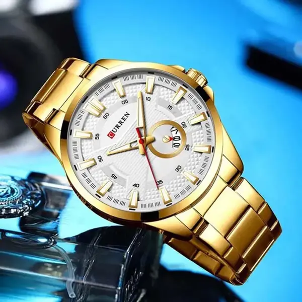 Curren 8372 High Quality Stainless Steel Analog Men's Watch – Dial Color: White Gold, Strap Color: Gold – View 3