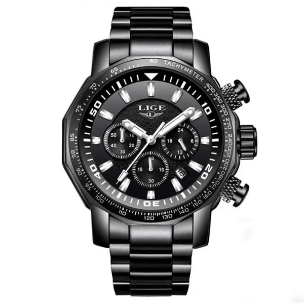 LIGE 9871 Stainless Steel Analog Quartz Casual Men's Watch – Dial Color: Black, Strap Color: Black – View 1