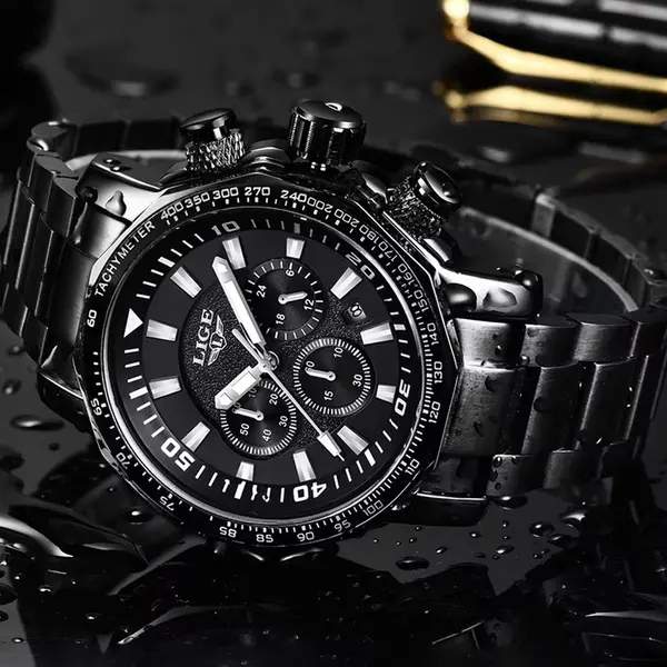 LIGE 9871 Stainless Steel Analog Quartz Casual Men's Watch – Dial Color: Black, Strap Color: Black – View 2