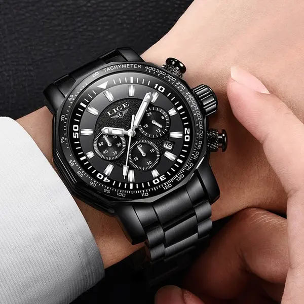 LIGE 9871 Stainless Steel Analog Quartz Casual Men's Watch – Dial Color: Black, Strap Color: Black – View 3