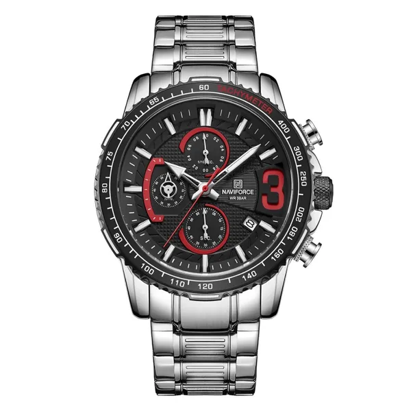NAVIFORCE NF8017 Multifunction Stainless Steel Quartz Men's Watch – Dial Color: Black, Strap Color: Silver – View 1