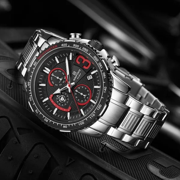 NAVIFORCE NF8017 Multifunction Stainless Steel Quartz Men's Watch – Dial Color: Black, Strap Color: Silver – View 3
