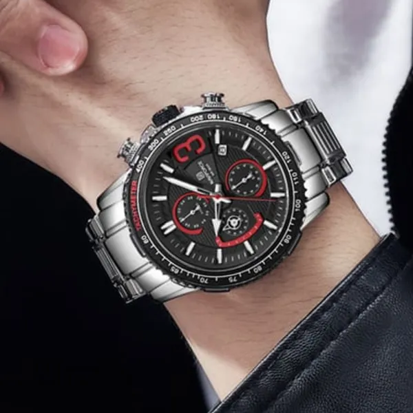 NAVIFORCE NF8017 Multifunction Stainless Steel Quartz Men's Watch – Dial Color: Black, Strap Color: Silver – View 4