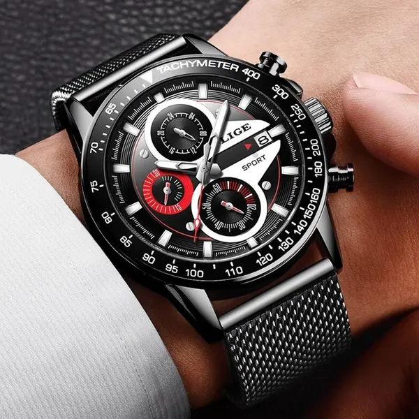 LIGE 9931 Analog Stainless Steel Waterproof Casual Men's Watch  – Dial Color: Red, Strap Color: Black – View 3