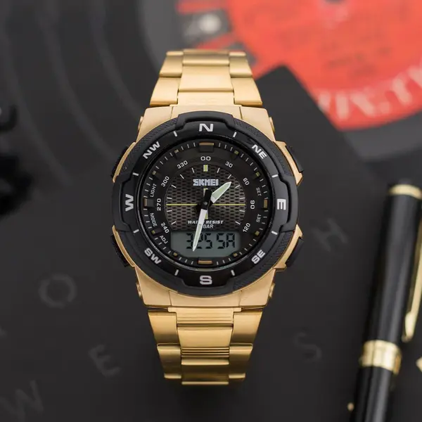 SKMEI 1370 Dual Time Premium Stainless Steel Sporty Men's Watch – Dial Color: Black, Strap Color: Gold  – View 2