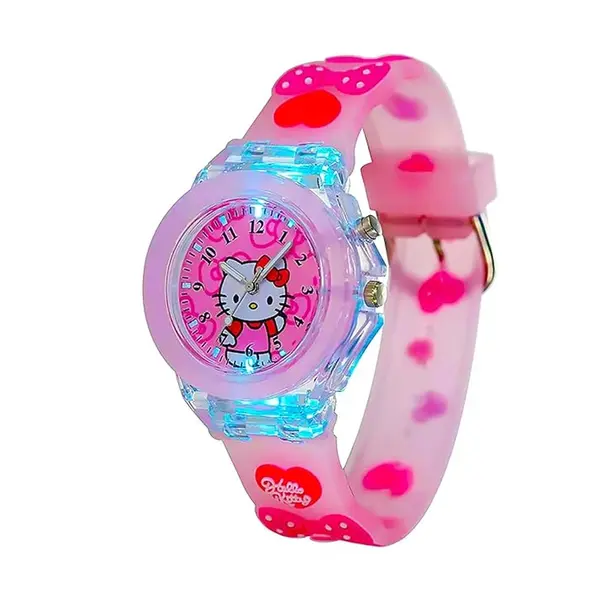 Time Up Analog Dial Cartoon 3D Printed Strap & Glowing Light Transparent Watch for Kids – Dial Color: Pink, Strap Color: Pink – View 2