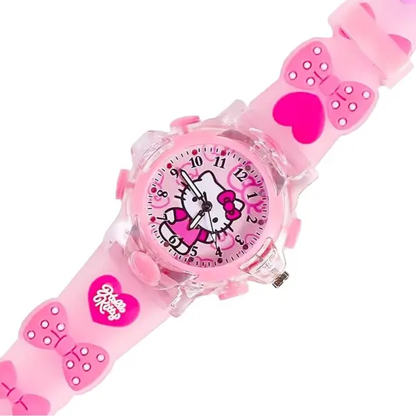 Time Up Analog Dial Cartoon 3D Printed Strap & Glowing Light Transparent Watch for Kids – Dial Color: Pink, Strap Color: Pink – View 3