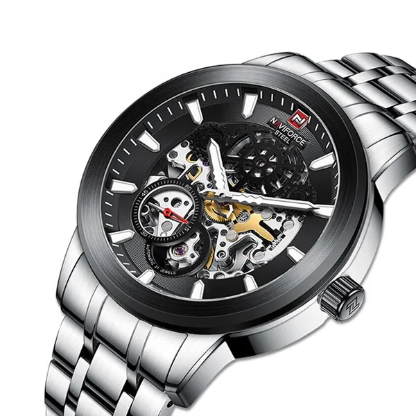 Naviforce NFS1002 Automatic Mechanical Stainless Steel Men's Watch – Dial Color: Black, Strap Color: Silver – View 2
