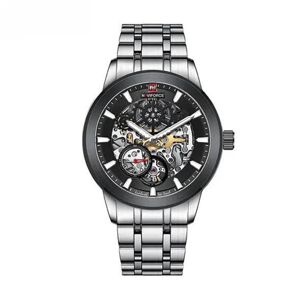 Naviforce NFS1002 Automatic Mechanical Stainless Steel Men's Watch – Dial Color: Black, Strap Color: Silver – View 1