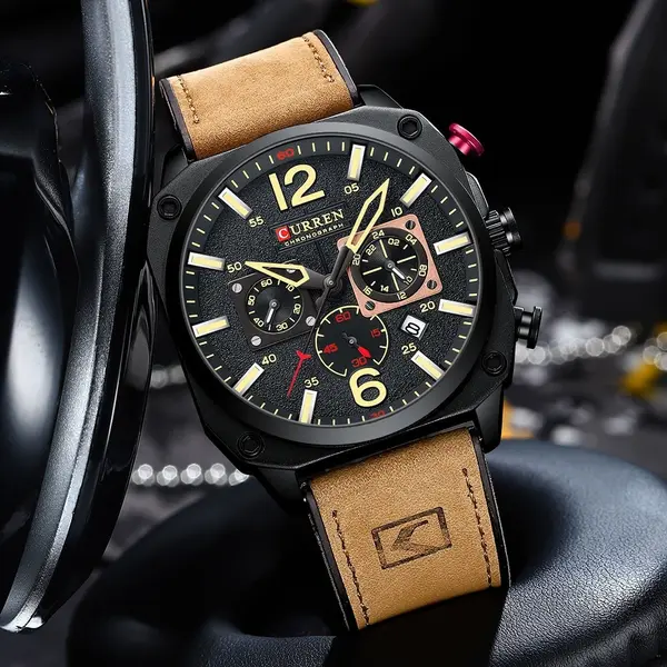Curren 8398 Luxury Genuine Leather Straps Chronograph Sports Men's Watch – Dial Color: Black, Strap Color:  Brown  – View 4