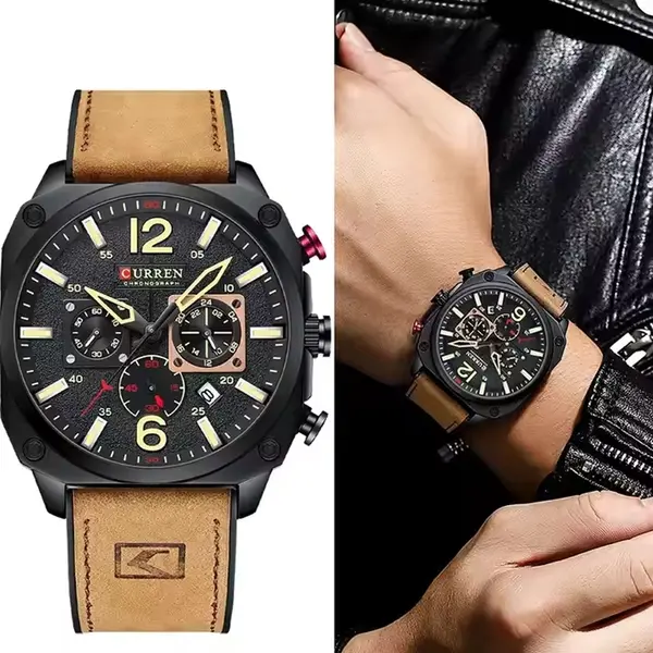 Curren 8398 Luxury Genuine Leather Straps Chronograph Sports Men's Watch – Dial Color: Black, Strap Color:  Brown  – View 5