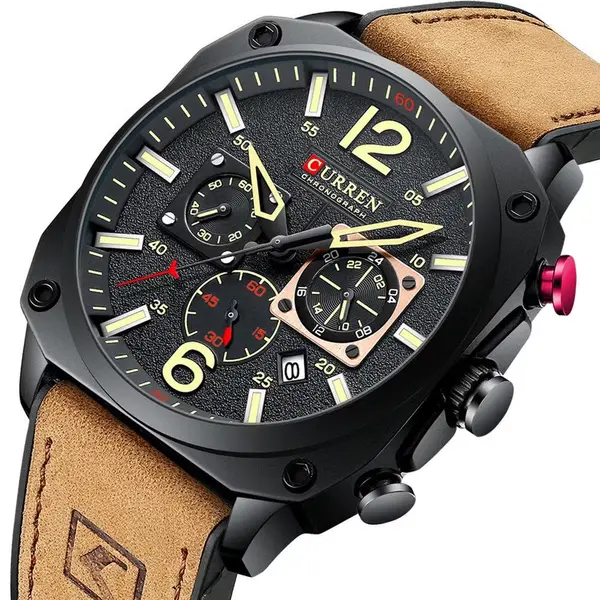 Curren 8398 Luxury Genuine Leather Straps Chronograph Sports Men's Watch – Dial Color: Black, Strap Color:  Brown  – View 3