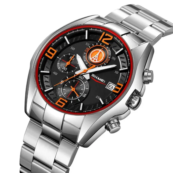 Skmei 9346 Multifunctional Quartz Men's Watch – Dial Color: Orange, Strap Color: Silver – View 2
