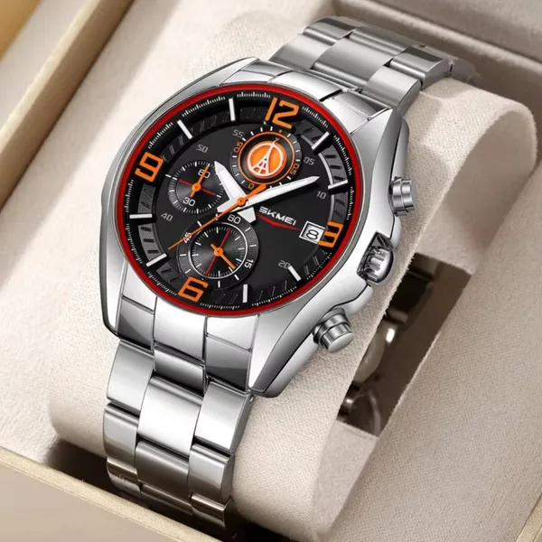 Skmei 9346 Multifunctional Quartz Men's Watch – Dial Color: Orange, Strap Color: Silver – View 3