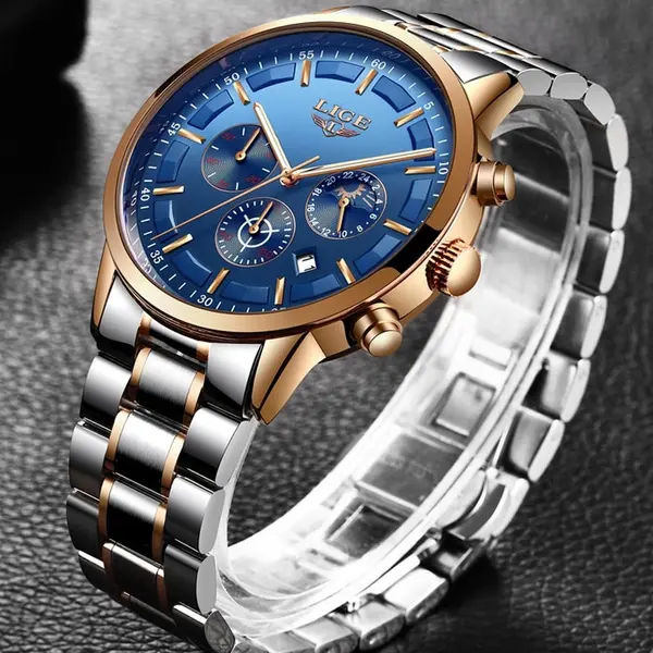 LIGE 9877 Stainless Steel Moon Phase Analog Luxury Men's Watch – Dial Color: Blue, Strap Color: Rose – View 2