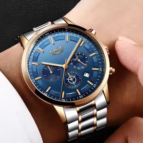 LIGE 9877 Stainless Steel Moon Phase Analog Luxury Men's Watch – Dial Color: Blue, Strap Color: Rose – View 3