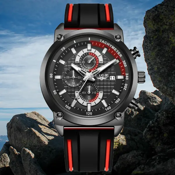 LIGE 10004 Silicone Strap Quartz Analog Premium Sporty Men's Watch – Dial Color: Black, Strap Color: Blue – View 2
