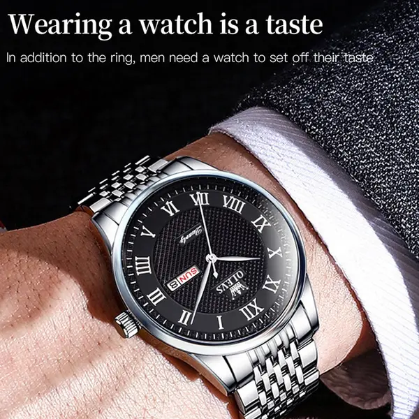 OLEVS 5562 Business Stainless Steel Waterproof Analog Quartz Men's Watch – Dial Color: Black, Strap Color: Silver – View 7