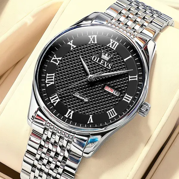 OLEVS 5562 Business Stainless Steel Waterproof Analog Quartz Men's Watch – Dial Color: Black, Strap Color: Silver – View 4