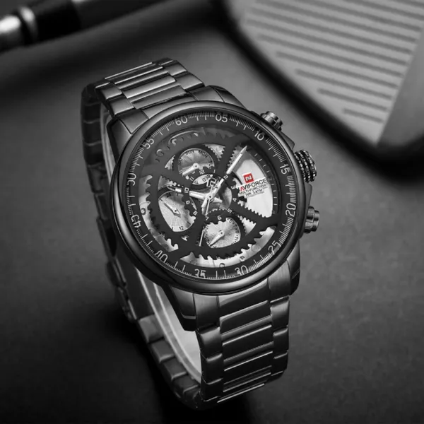 Naviforce NF9150 Luxury Steel Military Waterproof Quartz Men's Watch – Dial Color: Black, Strap Color: Black – View 3