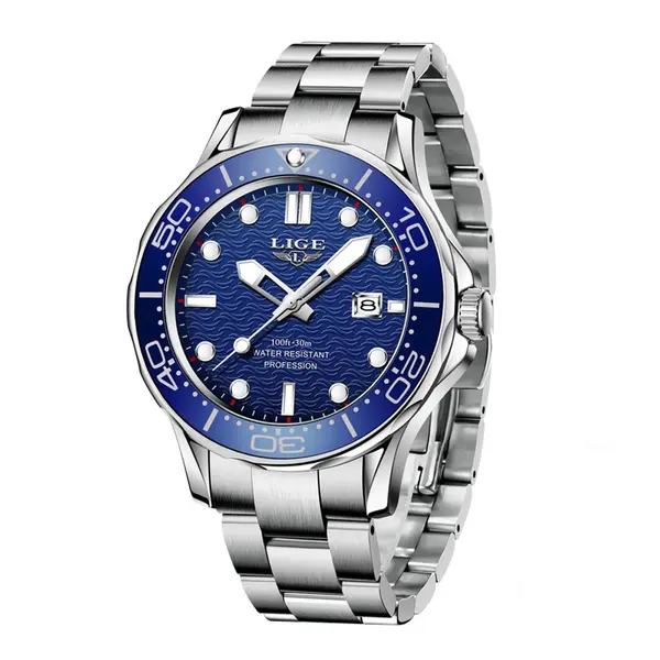 LIGE 8936 Analog Stainless Steel Waterproof Luxury Men's Watch – Dial Color: Blue, Strap Color: Silver – View 1
