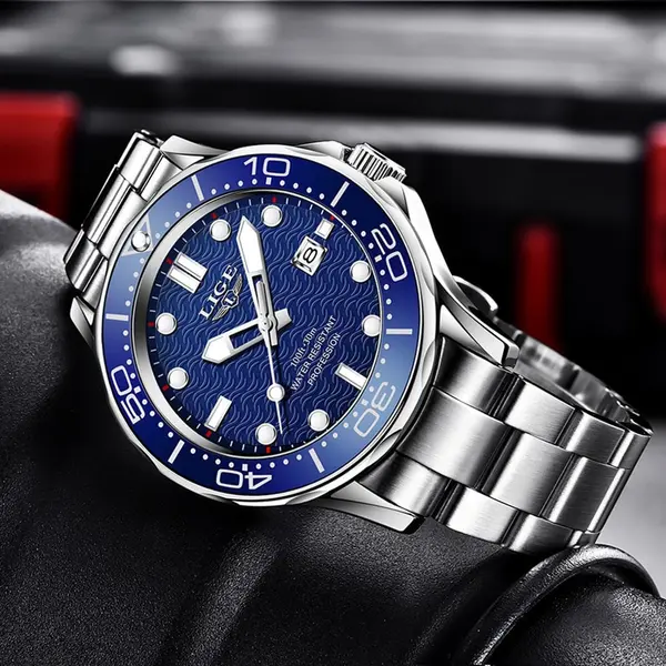 LIGE 8936 Analog Stainless Steel Waterproof Luxury Men's Watch – Dial Color: Blue, Strap Color: Silver – View 2