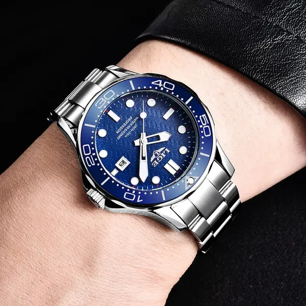 LIGE 8936 Analog Stainless Steel Waterproof Luxury Men's Watch – Dial Color: Blue, Strap Color: Silver – View 4