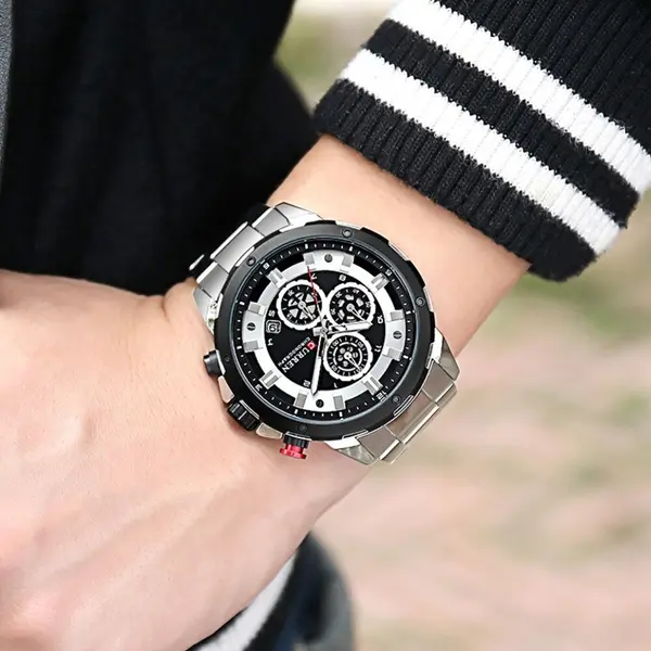 Curren 8323 Luxury Quartz Stainless Steel Chronograph Men's Watch – Dial Color: Silver, Strap Color: Silver – View 3