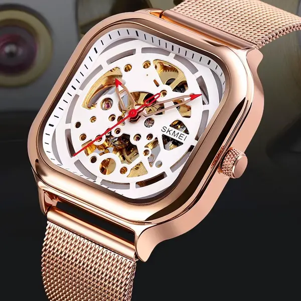 SKMEI 9184 Automatic Mechanical Stainless Steel Men's Watch – Dial Color: White, Strap Color: Rose – View 2