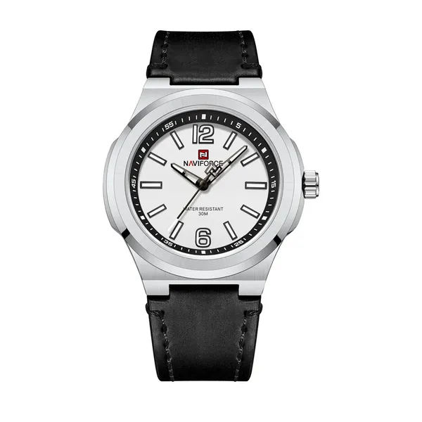 NAVIFORCE NF9233 Genuine Leather Strap Quartz Comfortable Men's Watch – Dial Color: White, Strap Color: Black – View 1