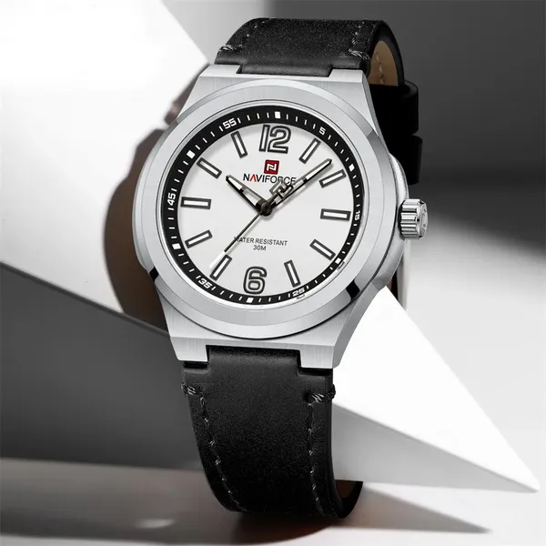 NAVIFORCE NF9233 Genuine Leather Strap Quartz Comfortable Men's Watch – Dial Color: White, Strap Color: Black – View 2