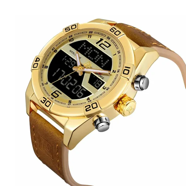 NAVIFORCE NF9128 Dual Display PU Leather Men's Watch – Dial Color: Gold, Strap Color:  Brown  – View 2