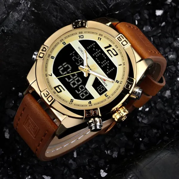 NAVIFORCE NF9128 Dual Display PU Leather Men's Watch – Dial Color: Gold, Strap Color:  Brown  – View 3