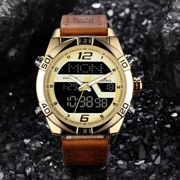 NAVIFORCE NF9128 Dual Display PU Leather Men's Watch – Dial Color: Gold, Strap Color:  Brown  – View 4