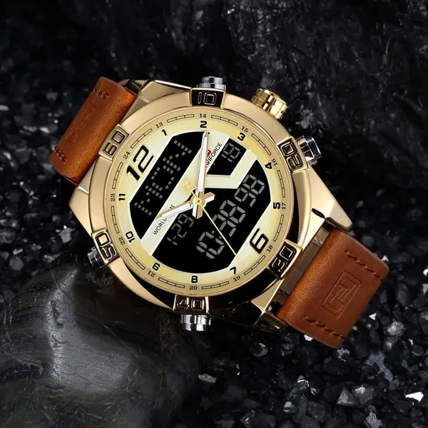 NAVIFORCE NF9128 Dual Display PU Leather Men's Watch – Dial Color: Gold, Strap Color:  Brown  – View 5