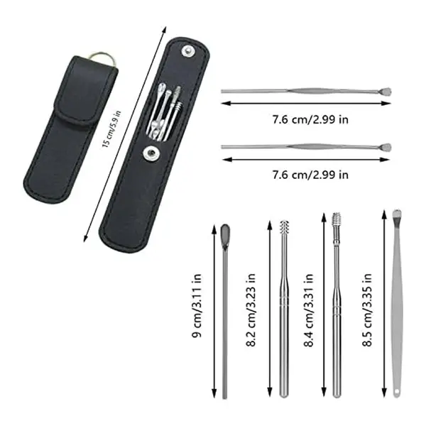 6pcs Ear Cleaning & Pick Set Portable Stainless Steel Set With Lather Case – Color: Black – View 2