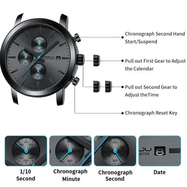 CRRJU 2287 Comfortable Stainless Steel Multifunctional Analog Quartz Mens Watch – Dial Color: Blue, Strap Color: Grey – View 2