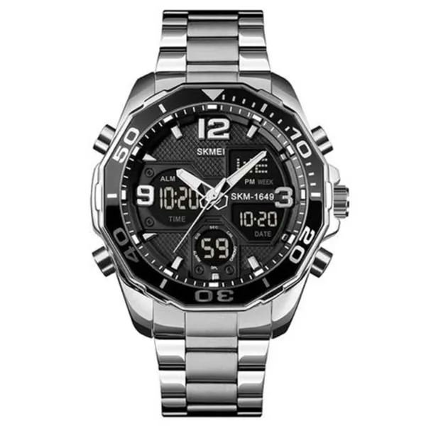 Skmei 1649BK Stainless Steel Digital LED Light Analog Men's Watch – Dial Color: Black, Strap Color: Silver – View 1
