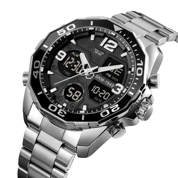 Skmei 1649BK Stainless Steel Digital LED Light Analog Men's Watch – Dial Color: Black, Strap Color: Silver – View 2