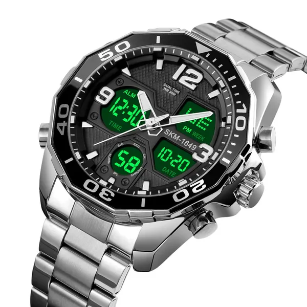 Skmei 1649BK Stainless Steel Digital LED Light Analog Men's Watch – Dial Color: Black, Strap Color: Silver – View 3