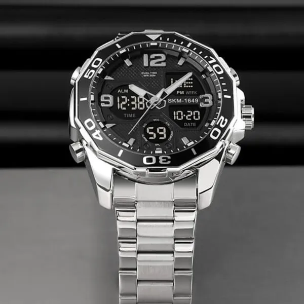 Skmei 1649BK Stainless Steel Digital LED Light Analog Men's Watch – Dial Color: Black, Strap Color: Silver – View 4