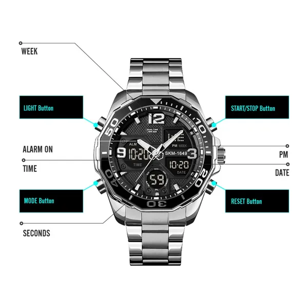 Skmei 1649BK Stainless Steel Digital LED Light Analog Men's Watch – Dial Color: Black, Strap Color: Silver – View 5