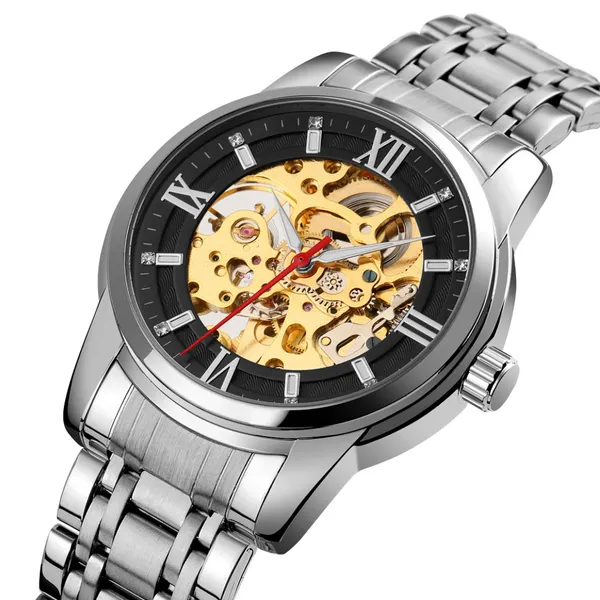 SKMEI 9222 Skeleton Hollow Automatic Mechanical Men's Watch – Dial Color: Black, Strap Color: Silver – View 2
