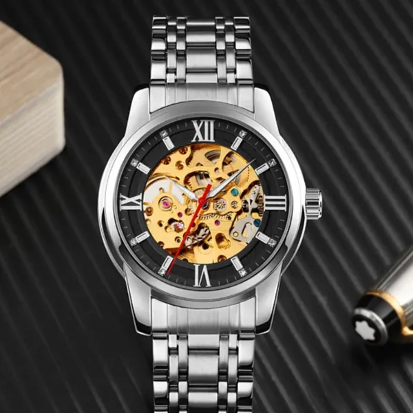 SKMEI 9222 Skeleton Hollow Automatic Mechanical Men's Watch – Dial Color: Black, Strap Color: Silver – View 3