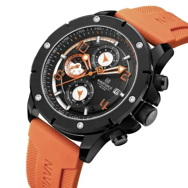 NAVIFORCE NF8034 Chronograph Multifunctional Waterproof Men’s Watch – Dial Color: Black, Strap Color: Orange – View 2