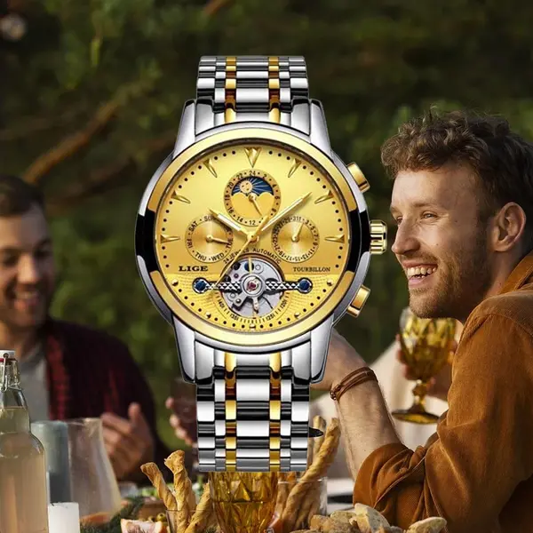LIGE 9878 Premium Mechanical Stainless Steel Casual Men's Watch – Dial Color: Gold, Strap Color: Gold – View 2
